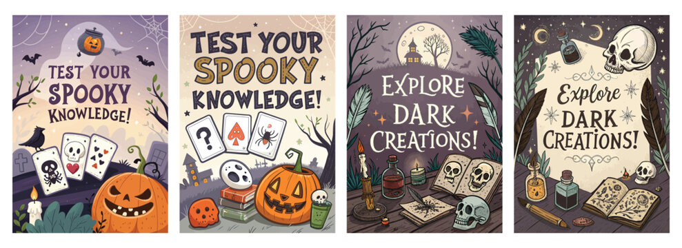 Set of four posters Halloween illustrations with pumpkins skulls and eerie quiz elements