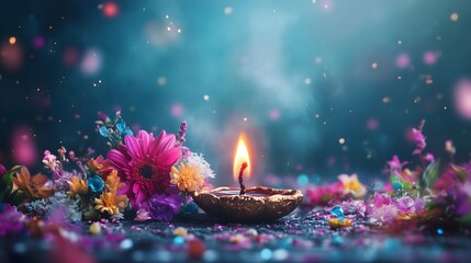 Fototapeta premium Celebrate Deepavali with vibrant decorations, colorful flowers, and flickering diyas illuminating the festive atmosphere at night