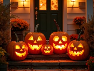 Obraz premium Happy Family Gathering on Halloween Decorated Porch with Pumpkins