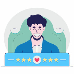 Happy customer celebrates five-star rating with enthusiastic smile and positive feedback