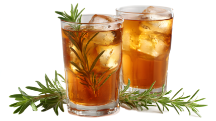 Fefreshing drink of cold tea and rosemary herbs in glasses isolated on a white background