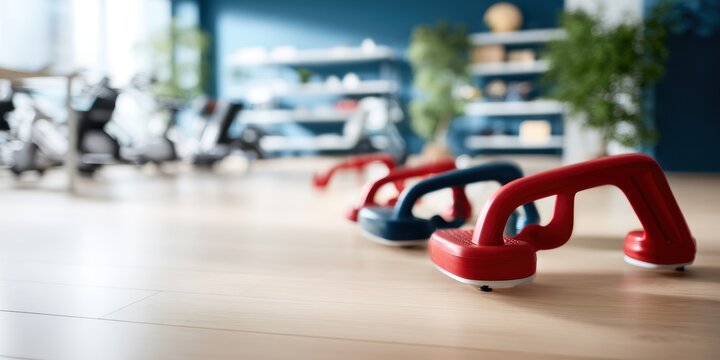 Red and blue push up bars are arranged in a row on a light wood floor inside a home with blurred shelving and furniture