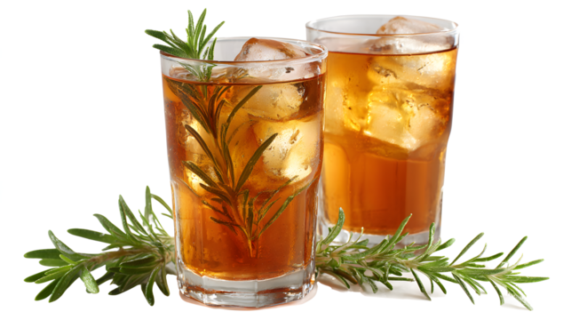 Fefreshing drink of cold tea and rosemary herbs in glasses isolated on a white background