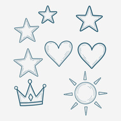 A set of Hand-drawn emoji symbol icons, such as stars, hearts, a silver crow, and a sun