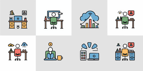 Modern remote and hybrid office lifestyle concept with diverse workers and technology elements