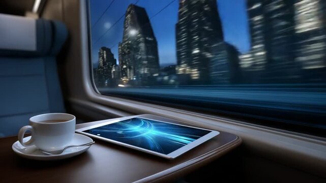 Person working on a laptop in a train with a dynamic motion-blurred scenery outside. Modern and mobile scene ideal for remote work, digital nomad lifestyle, productivity, and travel content