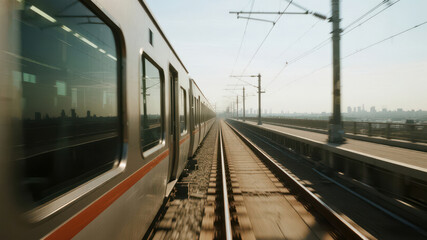 Obraz premium Train Moving Along Tracks Under Clear Sky