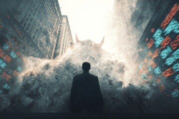 Fototapeta premium Dramatic silhouette of businessman facing bull statue in misty financial district symbolizing market confidence Wall Street and bullish investment sentiment