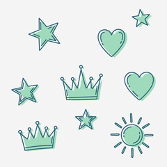 A set of Hand-drawn emoji symbol icons, such as stars, hearts, a silver crow, and a sun