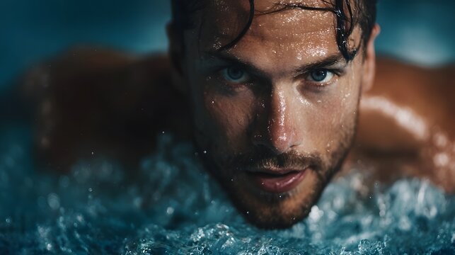 Determined swimmer competing in an indoor pool