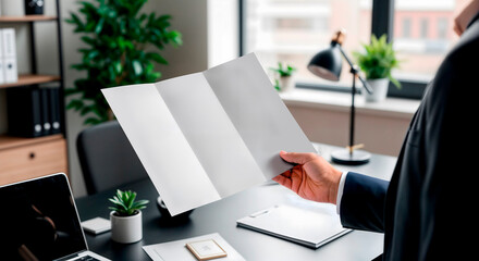 Businessman's Hand Presenting a Blank Tri-Fold Brochure Mockup in Office