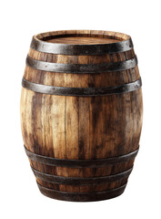 Full shot of a wooden barrel.  Dark brown wood,  metal bands around the top and middle.  Classic aged look