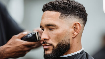 A man getting a haircut at the barbershop. Modern hairstyle and professional service for grooming and beauty.