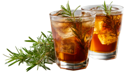 Fefreshing drink of cold tea and rosemary herbs in glasses isolated on a white background