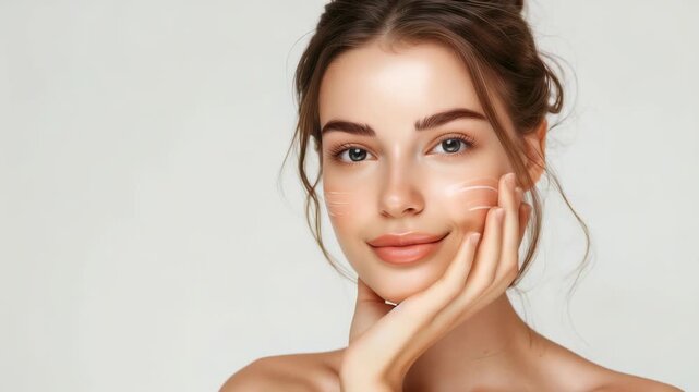 Close-up shot woman with flawless skin, light makeup, gentle smile, set against neutral backdrop. focus is on her complexion, overall youthful appearance, conveying beauty.