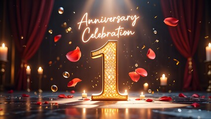 A dazzling first anniversary celebration background featuring a golden number one, rose petals, and candles, perfect for invitations and social media posts