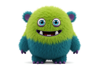 Smiling, Furry Green and Blue Monster Character on White Background