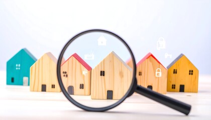 Magnifying Glass Examining Miniature Wooden Houses with Security Icons