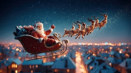 Santa in sleigh with reindeer flying over snowy rooftops on magical night sky