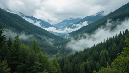 Fototapeta premium Valley of Misty Green Forest Encircled by mountains in a picturesque setting with a cloudy sky