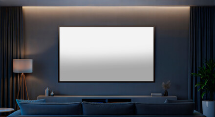 Modern Living Room with Large Blank Screen and Ambient Lighting