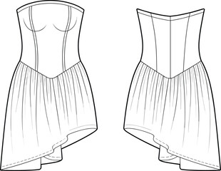 PrintFashionable asymmetrical corset dress sketch, elegant women's wear design, trendy dress illustration, high-low hemline, fashion template, garment drawing