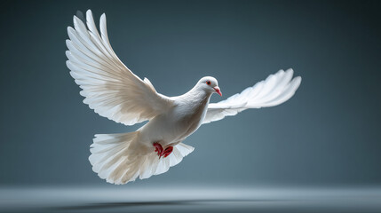 Obraz premium White dove in flight with wings fully spread on a soft gray background.
