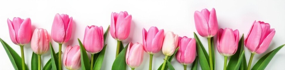 Fototapeta premium Pink tulips scattered on white, vibrant blooms , white background, plant