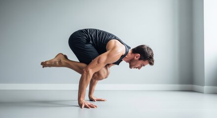 Focused athletic man performing an advanced arm balance yoga pose, demonstrating strength and concentration in a minimalist studio.