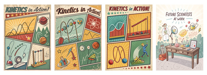 Obraz premium Set of four vintage-inspired posters featuring kinetic science concepts with colorful illustrations
