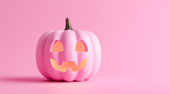 Pink jack-o'-lantern with glowing face on a pastel pink background.