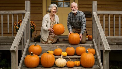 Senior couple displaying pumpkins on porch steps