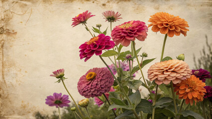 Vibrant zinnias and dahlias in pink, orange, and purple hues against vintage textured background with artistic aging effects and natural lighting.