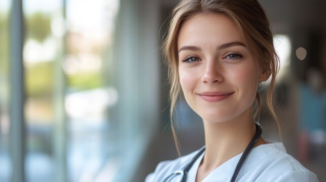 Young nurse in uniform smiling with warmth, embodying professionalism and care in healthcare