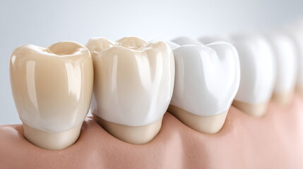 Close up view of a dental prosthesis or denture with artificial teeth. Concept of oral health care and dentistry for medical use.