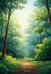 Obraz premium Watercolor painting of a sunlit forest clearing with a winding path