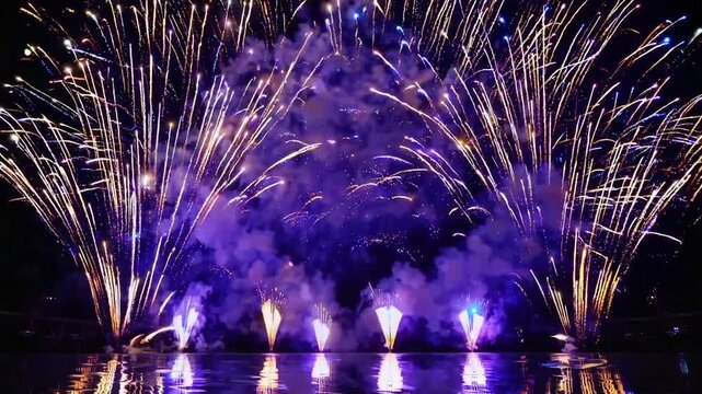 Loopable symmetrical stage firework burst with violet smoke clouds and cascading golden arcs, designed for dramatic show openers or celebration visuals, ideal for event background layering