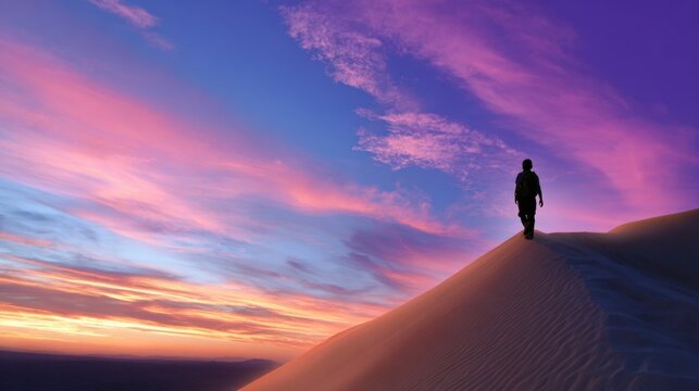 Hiker silhouetted atop sand dune, epic desert sunset