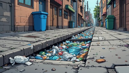 A cartoon style urban street with a water drain full of litter