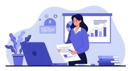 Professional Woman Preparing Financial Statements For Presentation In Modern Office, Analyzing Data, Ensuring Accuracy, And Showcasing Financial Performance For Successful Business Strategy