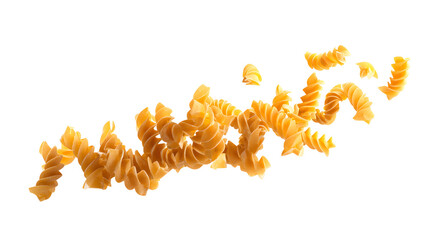 Flying or levitating raw fusilli pasta isolated on a white background