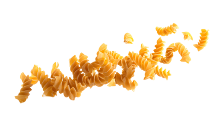 Flying or levitating raw fusilli pasta isolated on a white background