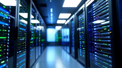 Data Center Server Racks with Blinking Lights in Modern Technology Facility - Powered by Adobe