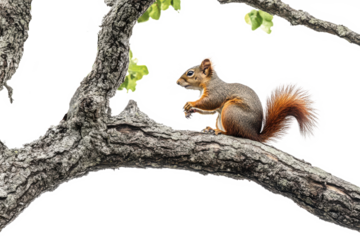 Red squirrel sitting on a tree branch isolated on transparent background. Squirrel attentively perches on a textured tree branch its bushy tail prominently displayed isolated on white background.