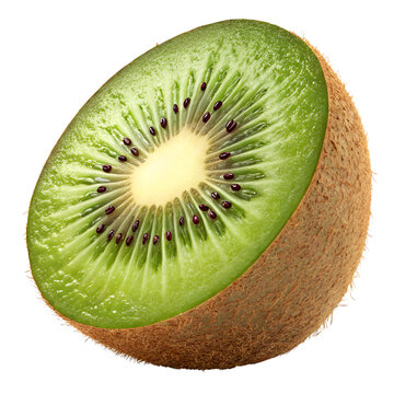 Kiwi, half kiwi isolated, light falling on it from an angle making it more visible and attractive, close-up, transparent background