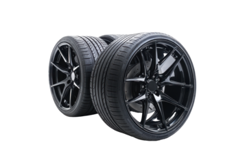 Two car tires with shiny alloy rims isolated on transparent background. Stack of new tires brand new tires isolated on white background.