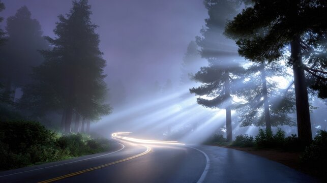 Lonely road through foggy forest, headlights breaking through mist, cinematic landscape