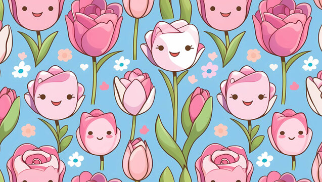 Cartoon tulips and roses with happy smiling faces