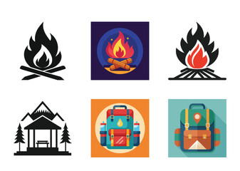 Hiking and camping icons representing outdoor adventures and nature exploration graphics