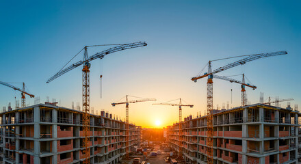 Construction Site at Sunset Showcasing Cranes and New Buildings in Urban Development